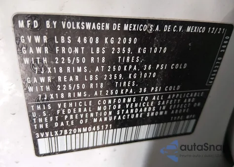 2022 Volkswagen Taos 1.5T Se z USA, uszkodzony, nr VIN 3VVLX7B20NM045171